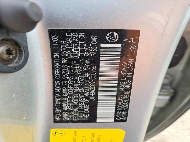 Aukcja sprzedaży 2004 Lexus Es, vin: JTHBA30G940009661, numer aukcji: 62998766