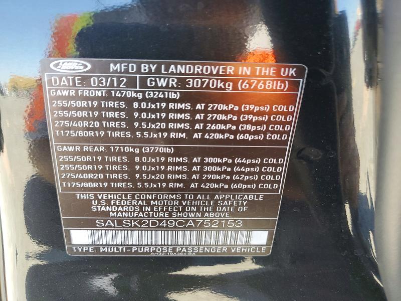 Aukcja sprzedaży 2012 Land Rover Range Rover Sport, vin: SALSK2D49CA752153, numer aukcji: 60272466