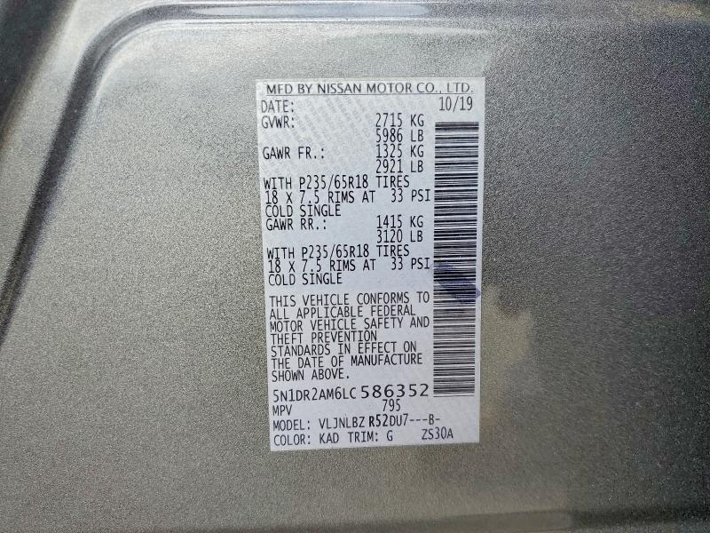 2020 Nissan Pathfinder მანქანა იყიდება აუქციონზე, vin: 5N1DR2AM6LC586352, აუქციონის ნომერი: 63243696