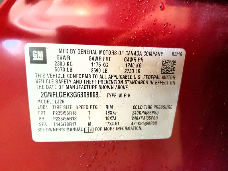 60048666 :رقم المزاد ، 2GNFLGEK3G6308003 vin ، 2016 Chevrolet Equinox مزاد بيع