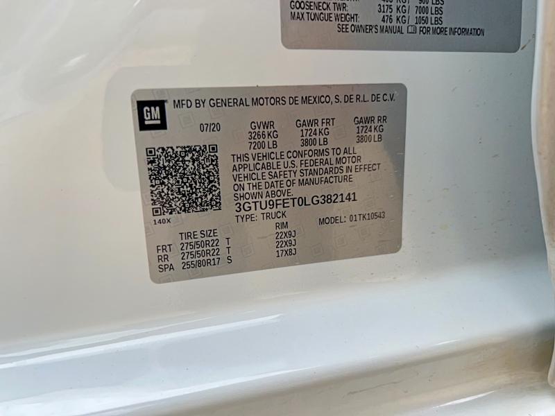Продаж на аукціоні авто 2020 Gmc Sierra, vin: 3GTU9FET0LG382141, номер лоту: 61712416