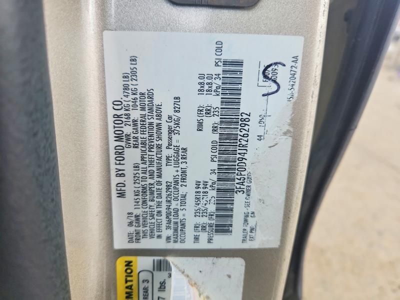 Aukcja sprzedaży 2018 Ford Fusion, vin: 3FA6P0D94JR262982, numer aukcji: 60792556
