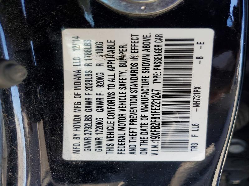 61502136 :رقم المزاد ، 19XFB2F81FE221247 vin ، 2015 Honda Civic مزاد بيع