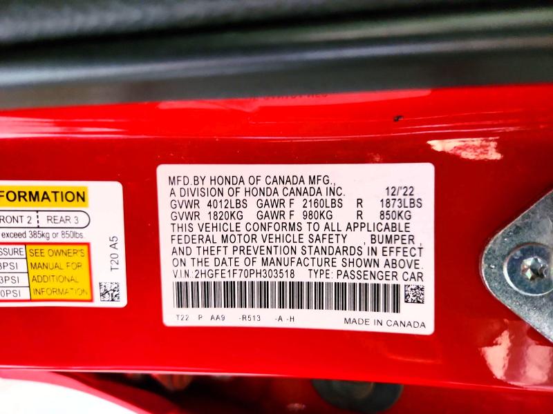 2023 Honda Civic მანქანა იყიდება აუქციონზე, vin: 2HGFE1F70PH303518, აუქციონის ნომერი: 62893516