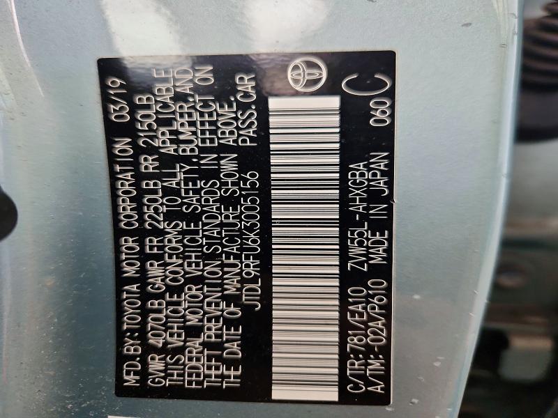 Aukcja sprzedaży 2019 Toyota Prius, vin: JTDL9RFU6K3005156, numer aukcji: 60085176