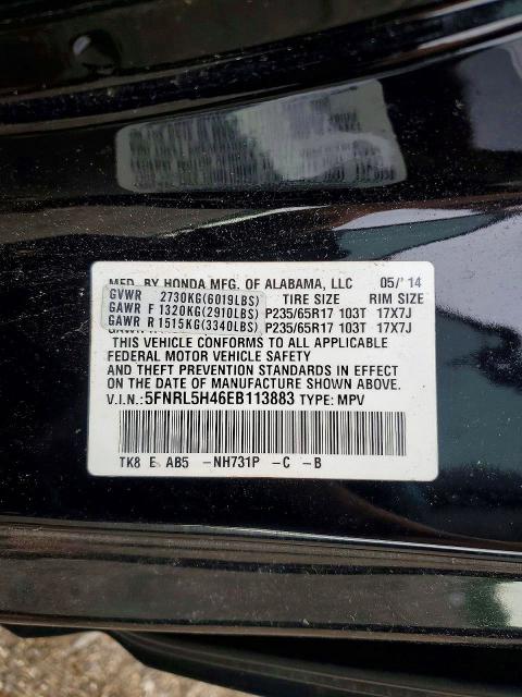 59661586 :رقم المزاد ، 5FNRL5H46EB113883 vin ، 2014 Honda Odyssey مزاد بيع