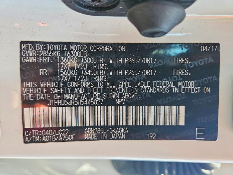 Aukcja sprzedaży 2017 Toyota 4runner, vin: JTEBU5JR5H5445027, numer aukcji: 60614256