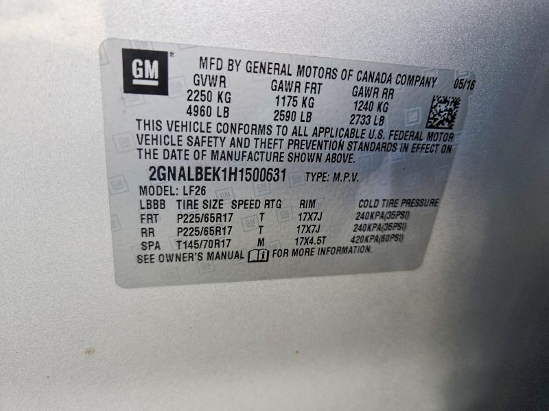 Aukcja sprzedaży 2017 Chevrolet Equinox, vin: 2GNALBEK1H1500631, numer aukcji: 59863266
