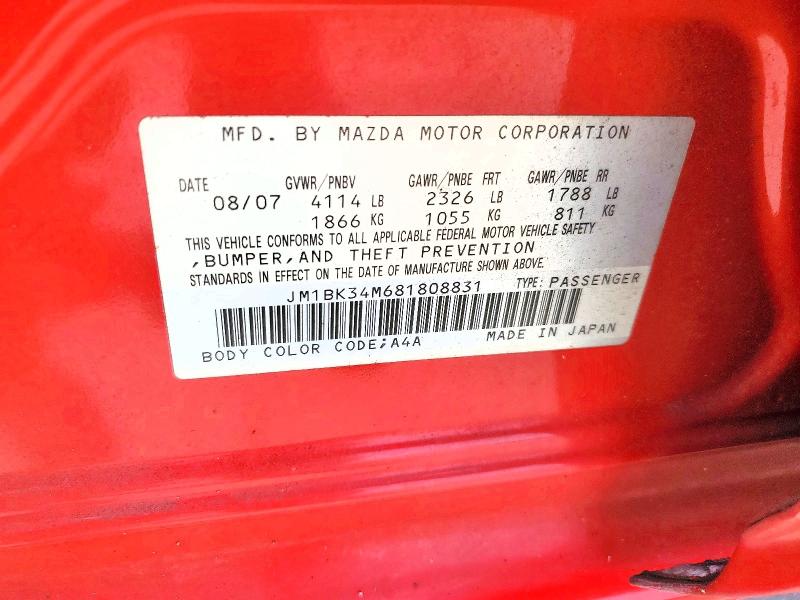 2008 Mazda Speed მანქანა იყიდება აუქციონზე, vin: JM1BK34M681808831, აუქციონის ნომერი: 60175046