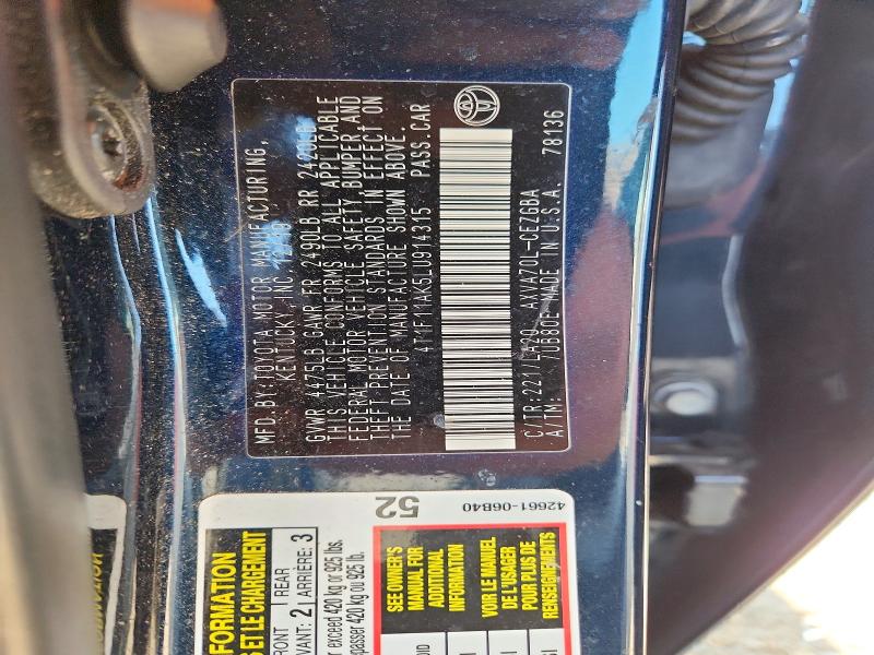 Aukcja sprzedaży 2020 Toyota Camry, vin: 4T1F11AK5LU914315, numer aukcji: 60797426