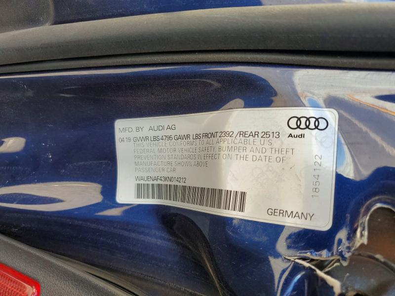 2019 Audi A4 მანქანა იყიდება აუქციონზე, vin: WAUENAF43KN014212, აუქციონის ნომერი: 63140956