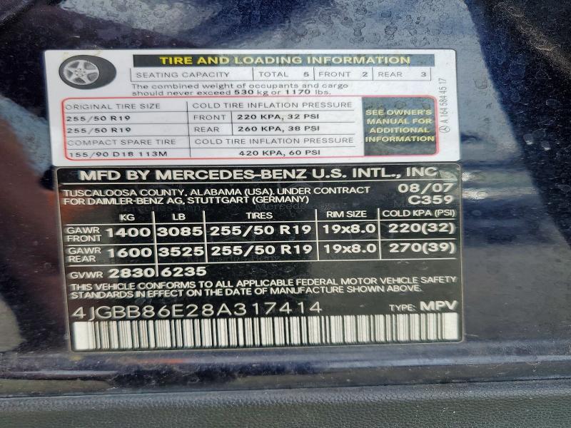 61785076 :رقم المزاد ، 4JGBB86E28A317414 vin ، 2008 Mercedes-benz Ml مزاد بيع