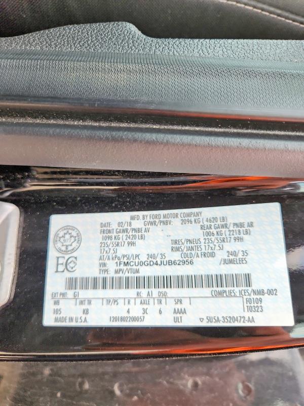 2018 Ford Escape მანქანა იყიდება აუქციონზე, vin: 1FMCU0GD4JUB62956, აუქციონის ნომერი: 59260646