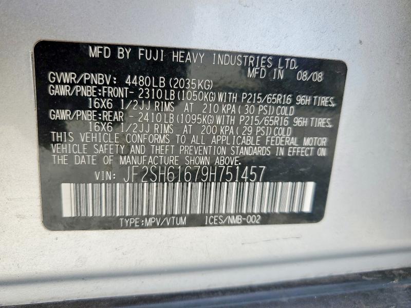 59669346 :رقم المزاد ، JF2SH61679H751457 vin ، 2009 Subaru Forester مزاد بيع