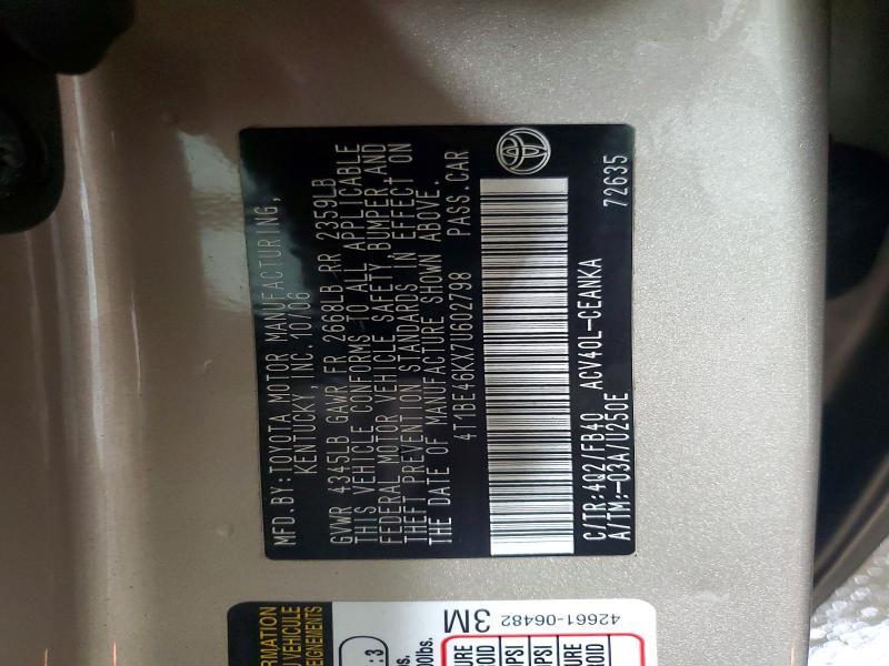 2007 Toyota Camry მანქანა იყიდება აუქციონზე, vin: 4T1BE46KX7U602798, აუქციონის ნომერი: 59592436