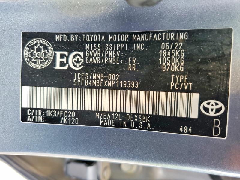 2022 Toyota Corolla მანქანა იყიდება აუქციონზე, vin: 5YFB4MBEXNP119393, აუქციონის ნომერი: 61350546