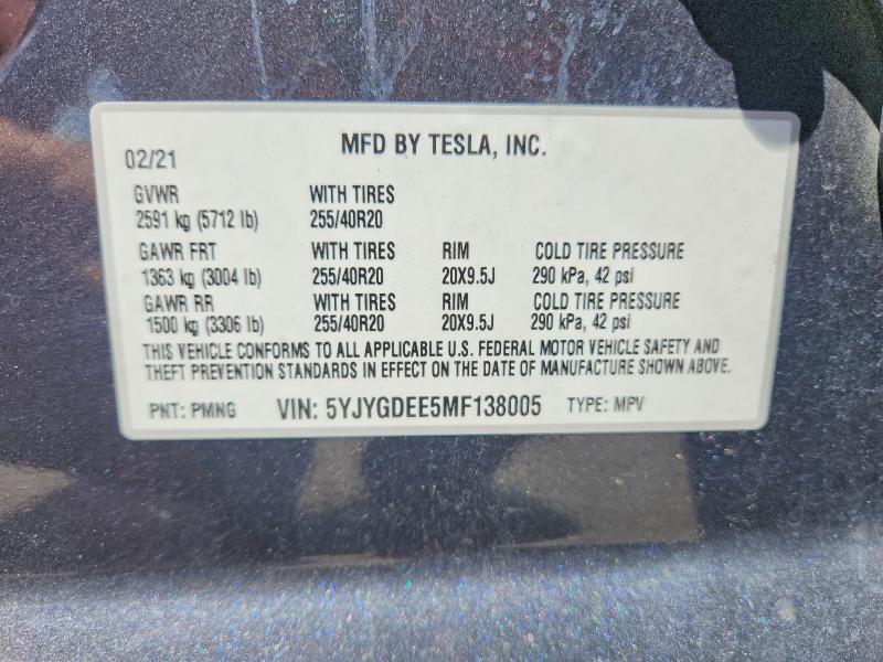 Aukcja sprzedaży 2021 Tesla Model Y, vin: 5YJYGDEE5MF138005, numer aukcji: 58984386