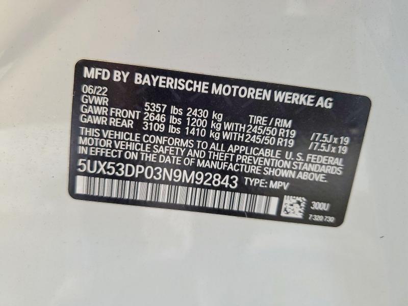 2022 Bmw X3 მანქანა იყიდება აუქციონზე, vin: 5UX53DP03N9M92843, აუქციონის ნომერი: 59948856