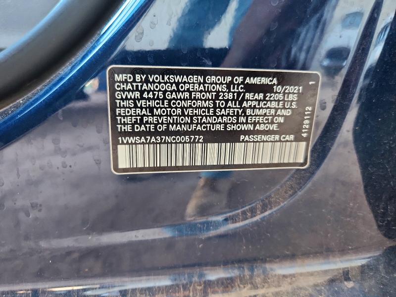 62542636 :رقم المزاد ، 1VWSA7A37NC005772 vin ، 2022 Volkswagen Passat مزاد بيع