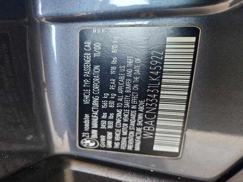 Продажа на аукционе авто 2001 Bmw Z3, vin: WBACN33431LK45922, номер лота: 60207046