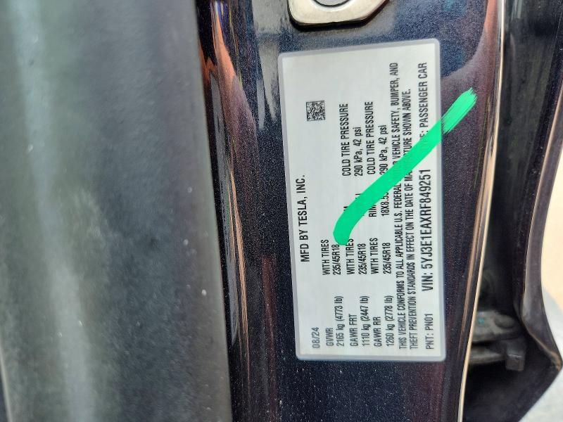 62854896 :رقم المزاد ، 5YJ3E1EAXRF849251 vin ، 2024 Tesla Model 3 مزاد بيع