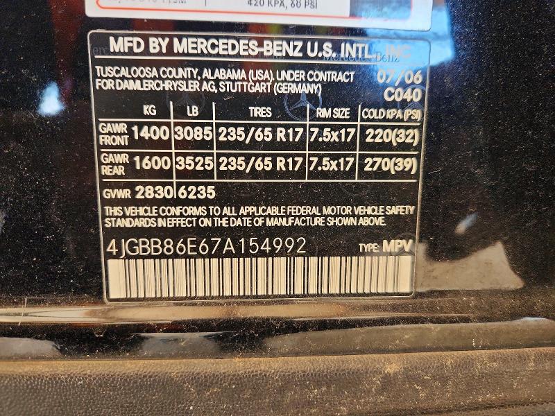 Aukcja sprzedaży 2007 Mercedes-benz Ml, vin: 4JGBB86E67A154992, numer aukcji: 59292426