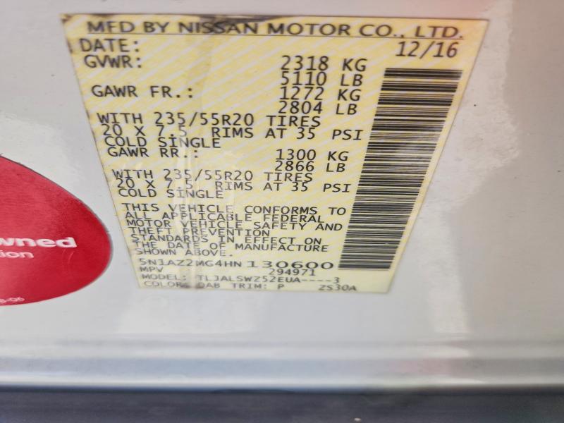 62203196 :رقم المزاد ، 5N1AZ2MG4HN130600 vin ، 2017 Nissan Murano مزاد بيع