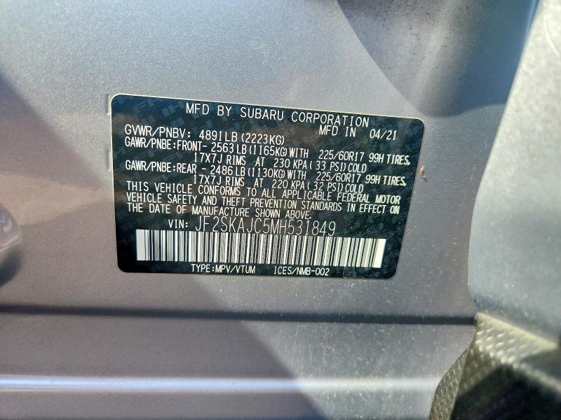 2021 Subaru Forester მანქანა იყიდება აუქციონზე, vin: JF2SKAJC5MH531849, აუქციონის ნომერი: 59066656