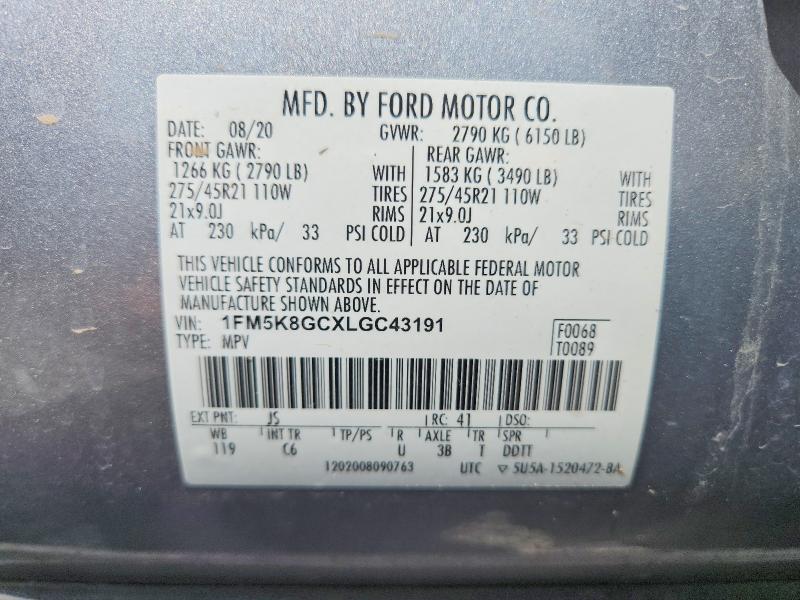 2020 Ford Explorer მანქანა იყიდება აუქციონზე, vin: 1FM5K8GCXLGC43191, აუქციონის ნომერი: 60159596