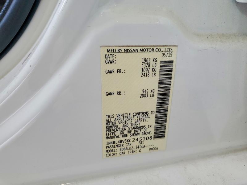 2019 Nissan Altima მანქანა იყიდება აუქციონზე, vin: 1N4BL4BV5KC245108, აუქციონის ნომერი: 61845856