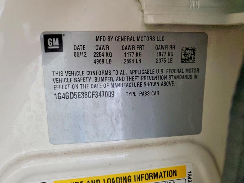 Auction sale of the 2012 Buick Lacrosse, vin: 1G4GD5E38CF347009, lot number: 61907226