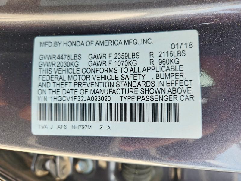 62746816 :رقم المزاد ، 1HGCV1F32JA093090 vin ، 2018 Honda Accord مزاد بيع