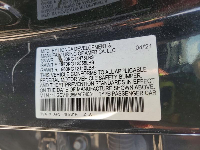 Продажа на аукционе авто 2021 Honda Accord, vin: 1HGCV1F36MA074031, номер лота: 59269876