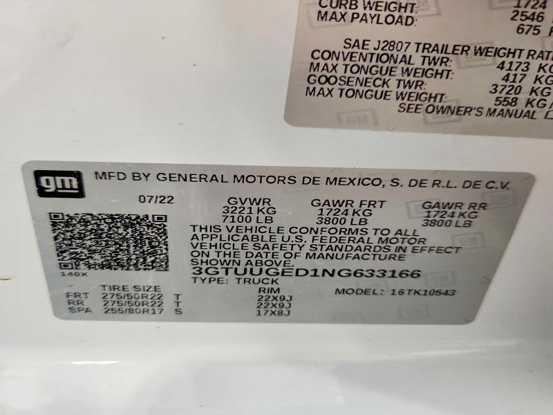 59614606 :رقم المزاد ، 3GTUUGED1NG633166 vin ، 2022 Gmc Sierra مزاد بيع