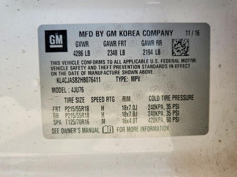 2017 Buick Encore მანქანა იყიდება აუქციონზე, vin: KL4CJASB2HB076411, აუქციონის ნომერი: 61923456