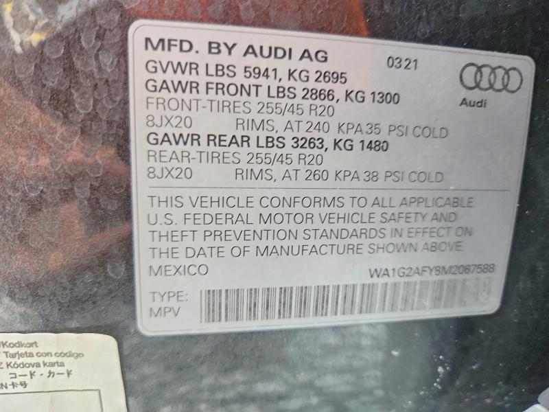 62768376 :رقم المزاد ، WA1G2AFY8M2067588 vin ، 2021 Audi Q5 E مزاد بيع