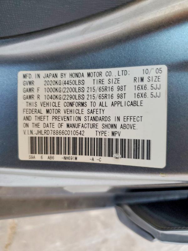 61923766 :رقم المزاد ، JHLRD78866C010542 vin ، 2006 Honda Cr-v مزاد بيع
