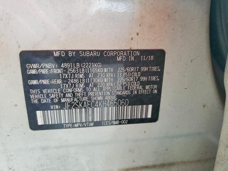 2019 Subaru Forester მანქანა იყიდება აუქციონზე, vin: JF2SKAEC4KH465060, აუქციონის ნომერი: 61516986