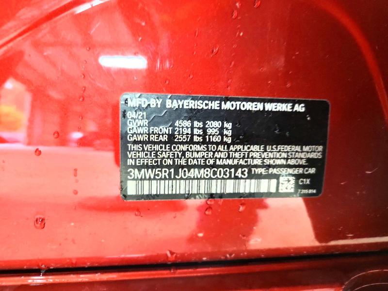 2021 Bmw 330i მანქანა იყიდება აუქციონზე, vin: 3MW5R1J04M8C03143, აუქციონის ნომერი: 62244406