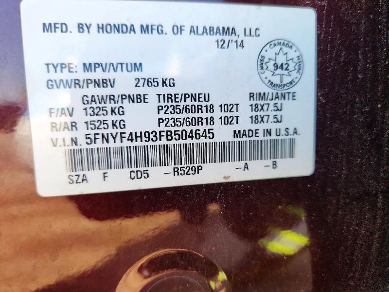 2015 Honda Pilot მანქანა იყიდება აუქციონზე, vin: 5FNYF4H93FB504645, აუქციონის ნომერი: 62071256
