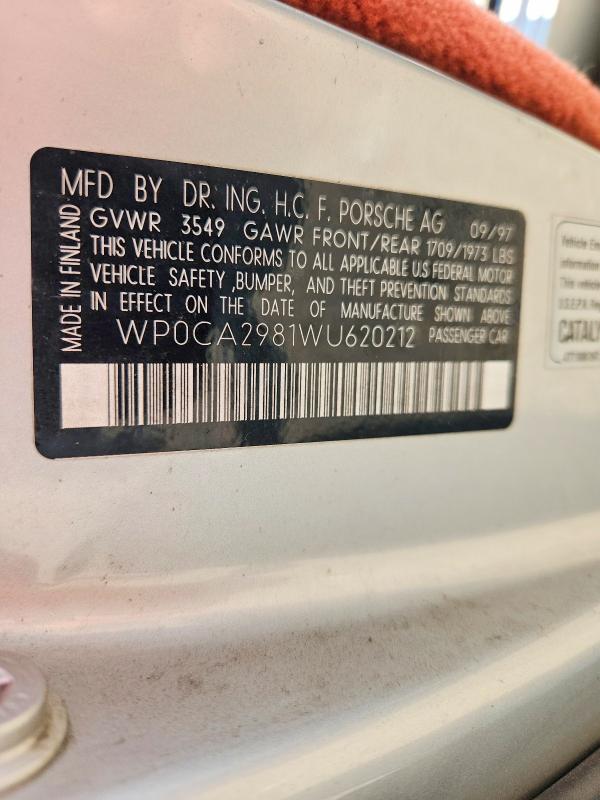 Aukcja sprzedaży 1998 Porsche Boxster, vin: WP0CA2981WU620212, numer aukcji: 61248386
