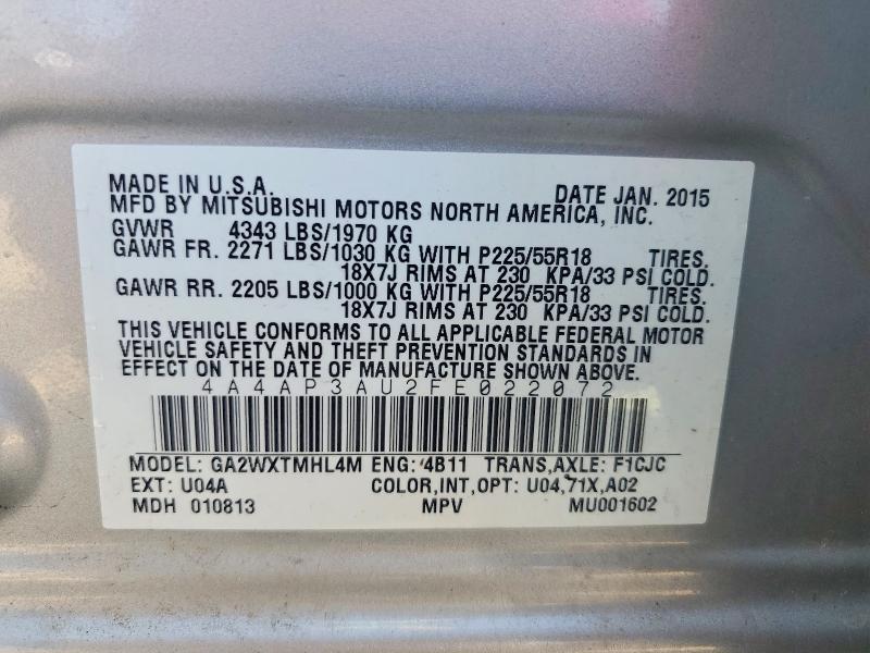 Aukcja sprzedaży 2015 Mitsubishi Outlander Es, vin: 4A4AP3AU2FE022072, numer aukcji: 60772076
