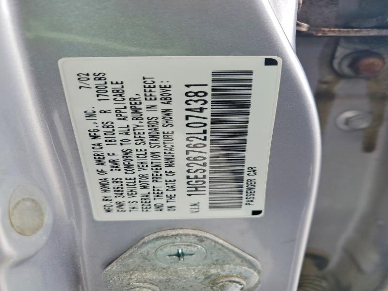 Продаж на аукціоні авто 2002 Honda Civic, vin: 1HGES26762L074381, номер лоту: 59875466