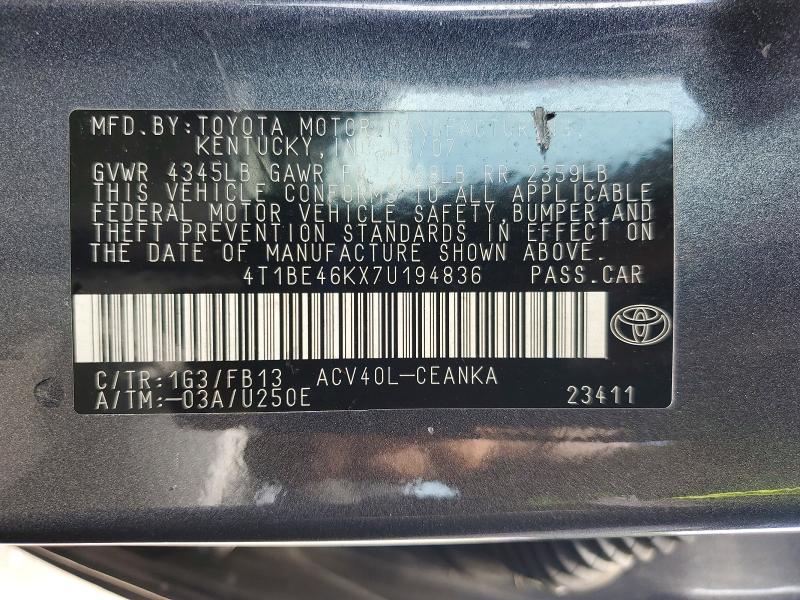Продаж на аукціоні авто 2007 Toyota Camry, vin: 4T1BE46KX7U194836, номер лоту: 60934676