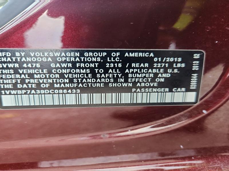 2013 Volkswagen Passat მანქანა იყიდება აუქციონზე, vin: 1VWBP7A39DC086433, აუქციონის ნომერი: 59877846