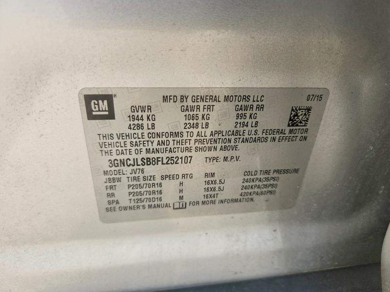 2015 Chevrolet Trax მანქანა იყიდება აუქციონზე, vin: 3GNCJLSB8FL252107, აუქციონის ნომერი: 61950036