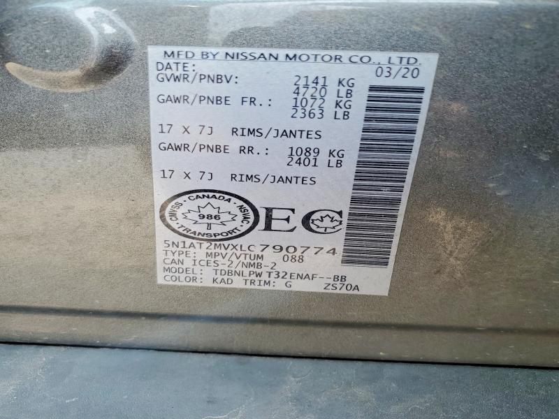 59295426 :رقم المزاد ، 5N1AT2MVXLC790774 vin ، 2020 Nissan Rogue مزاد بيع