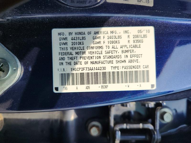 2010 Honda Accord მანქანა იყიდება აუქციონზე, vin: 1HGCP2F73AA144230, აუქციონის ნომერი: 62417806