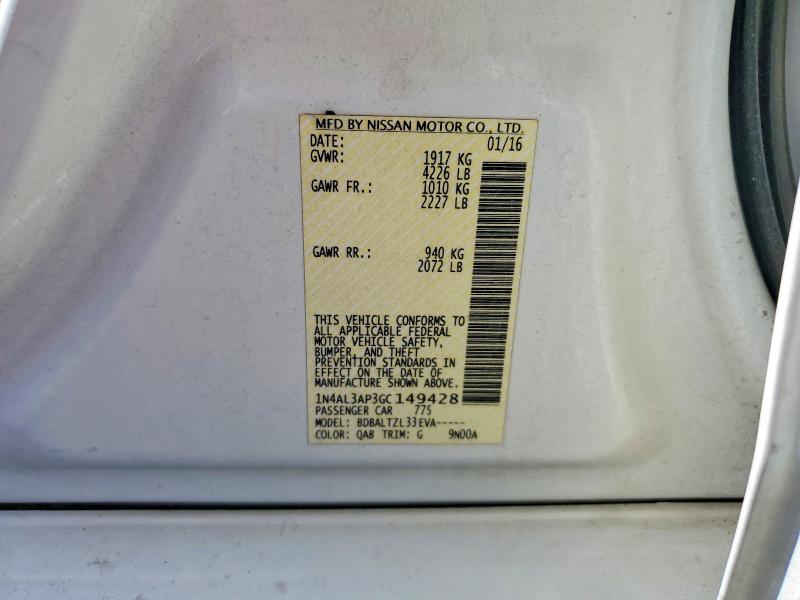 2016 Nissan Altima მანქანა იყიდება აუქციონზე, vin: 1N4AL3AP3GC149428, აუქციონის ნომერი: 59858426