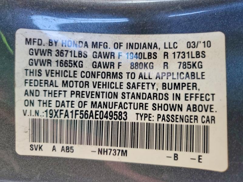 2010 Honda Civic მანქანა იყიდება აუქციონზე, vin: 19XFA1F56AE049583, აუქციონის ნომერი: 60620546